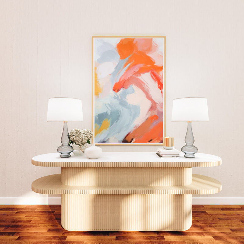 Circe, orange and blue colorful abstract wall art print by Parima Studio. Large living room wall decor.