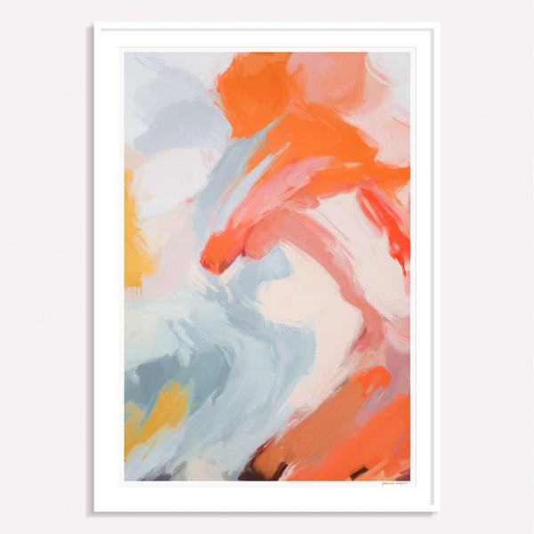 Circe, pale blue and orange framed vertical colorful abstract wall art print by Parima Studio