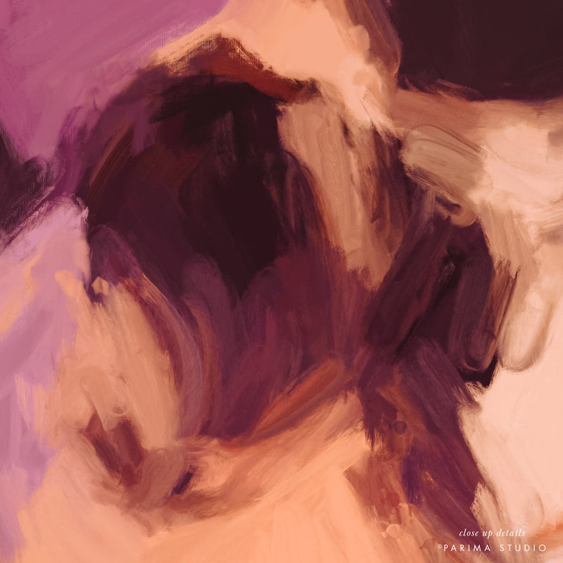 Close up of Lilac, purple and orange colorful abstract wall art print by Parima Studio