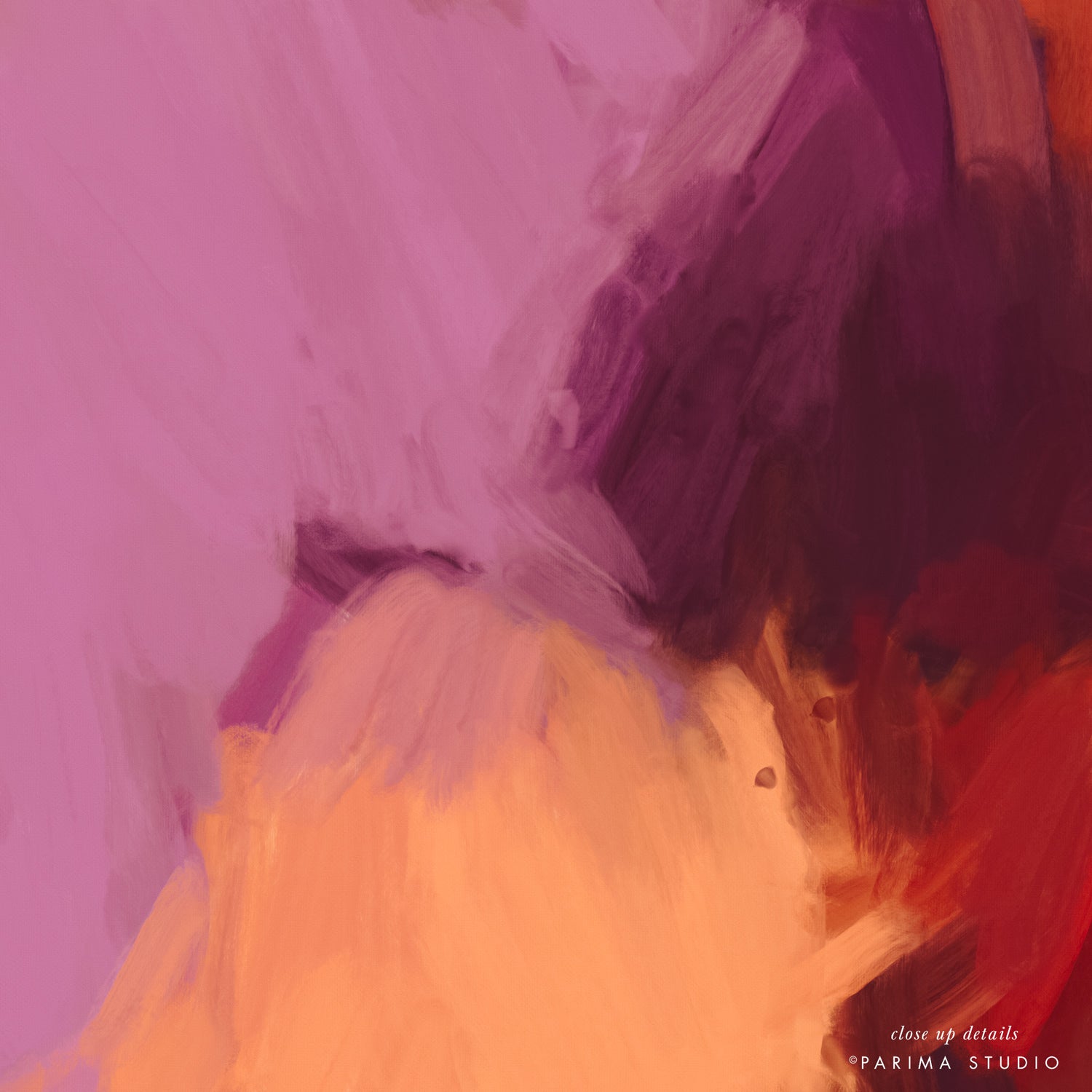 Close up of Lilac, purple and orange colorful abstract wall art print by Parima Studio