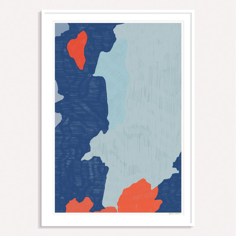 Color Field No.3, blue and red framed vertical colorful abstract wall art print by Parima Studio