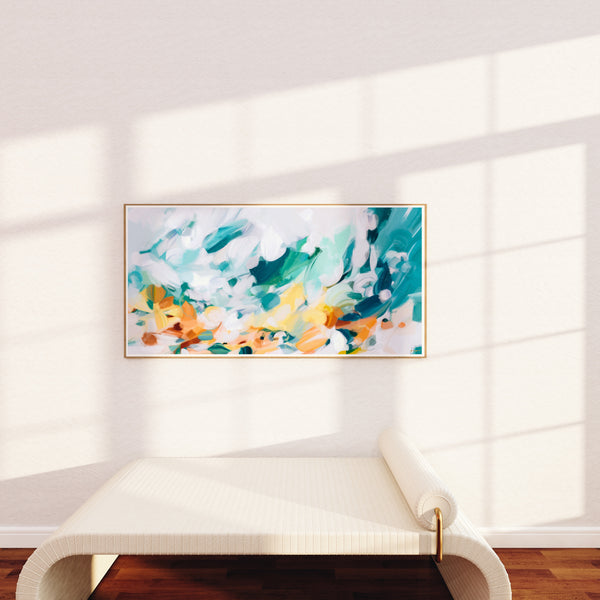 Cyan - bright and sunny abstract art print by Parima Studio - extra long, panoramic, art for over the bed, art for over the sofa.