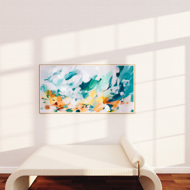 Cyan - bright and sunny abstract art print by Parima Studio - extra long, panoramic, art for over the bed, art for over the sofa.