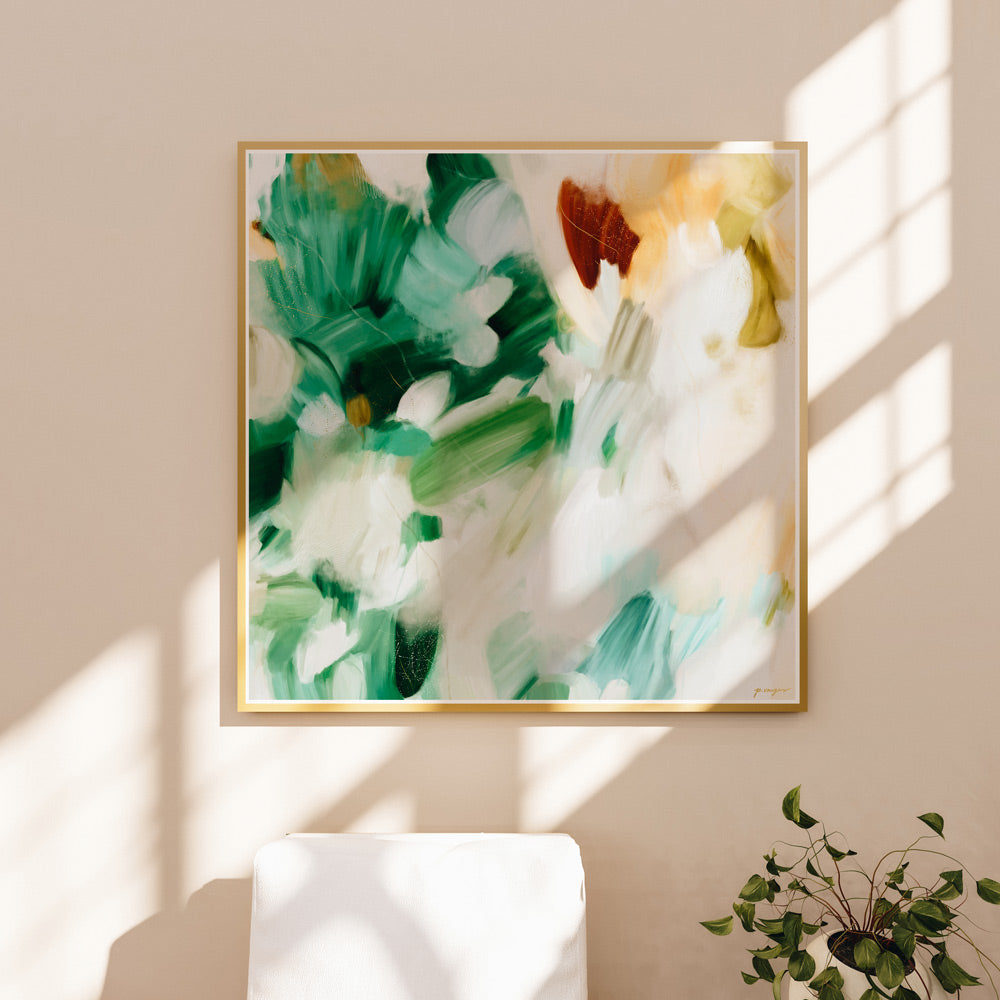 Dalian, green and blue abstract art print - square tropical wall art - Parima Studio - living room decor - over the sofa