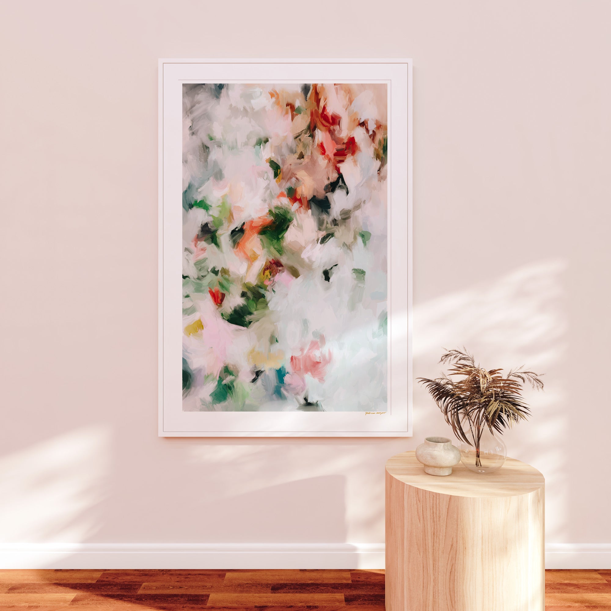 Diem, green and pink colorful abstract wall art print by Parima Studio. Vertical large art for entryway.