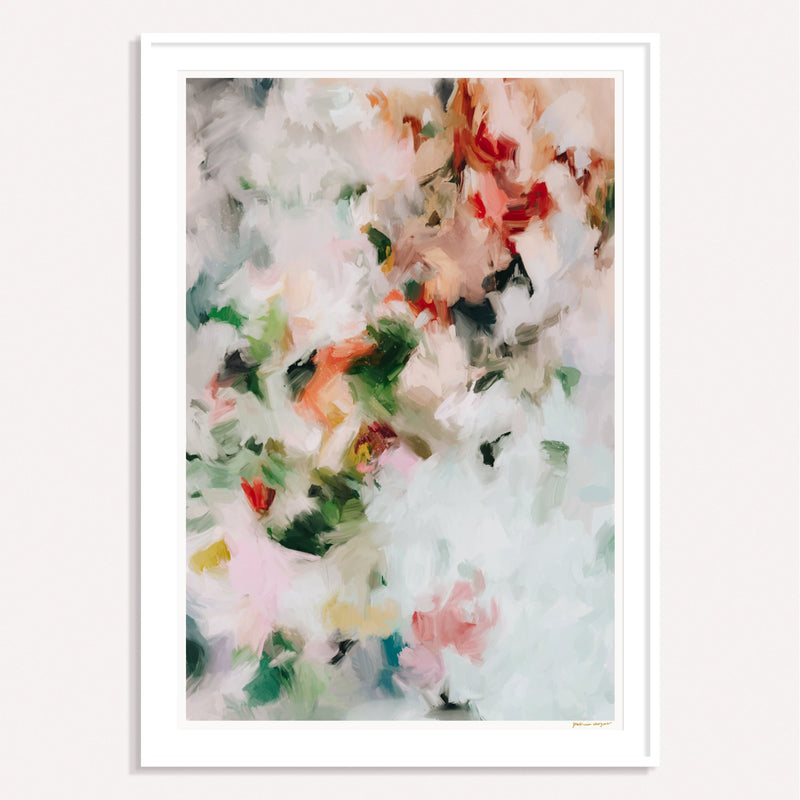 Diem, green and pink framed vertical colorful abstract wall art print by Parima Studio