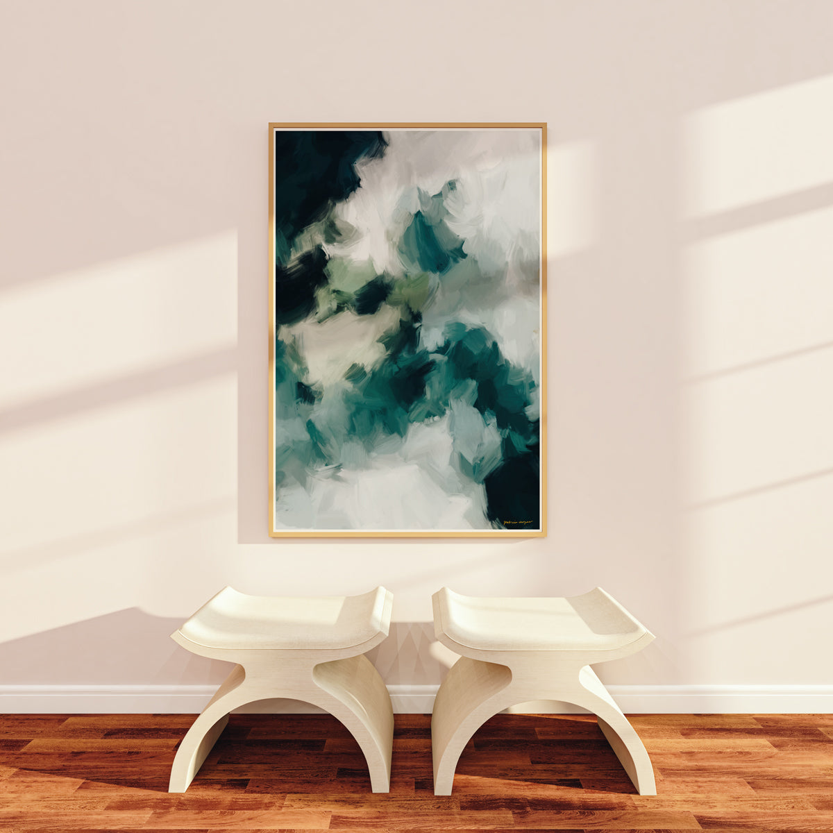 Echo, emerald green colorful abstract wall art print by Parima Studio. Oversize vertical wall art for living room