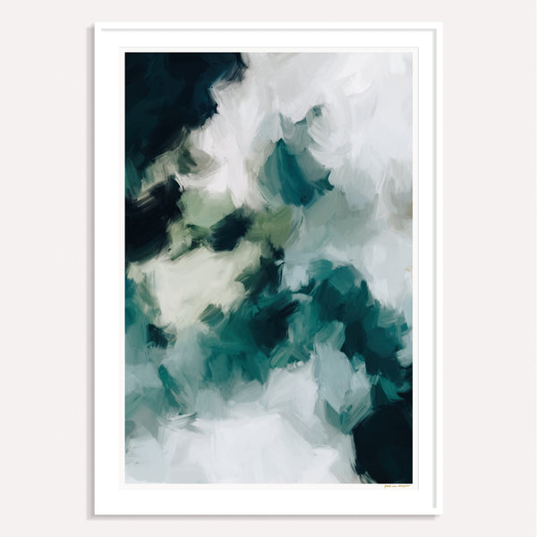 Echo, emerald green framed vertical colorful abstract wall art print by Parima Studio