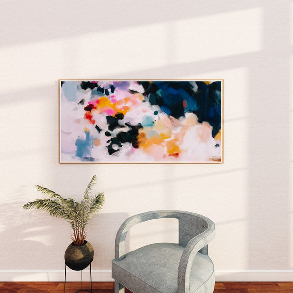 Elise- Extra Long Panoramic Abstract Art Print - Blue and Pink wall art - Parima Studio- wall art over chair in living room decor