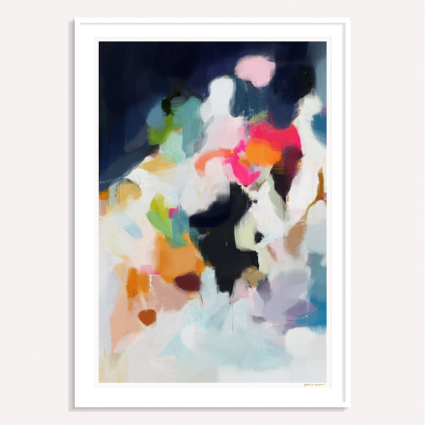 Eliza, blue and pink, framed vertical colorful abstract wall art print by Parima Studio