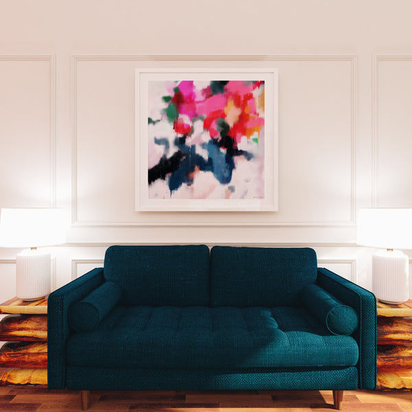 Essi, pink and blue colorful abstract wall art print by Parima Studio. Art for over sofa in living room.