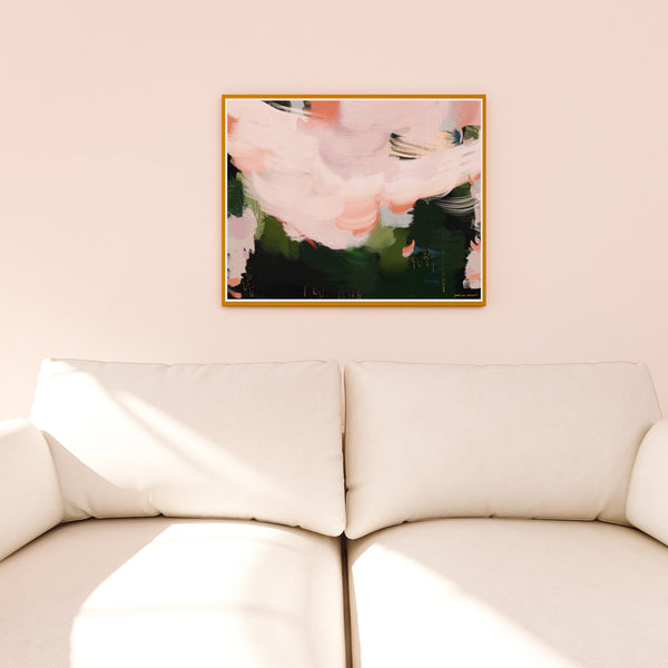 Flora, pink and green abstract art print by Patricia Vargas of Parima Studio. Art for over sofa in living room