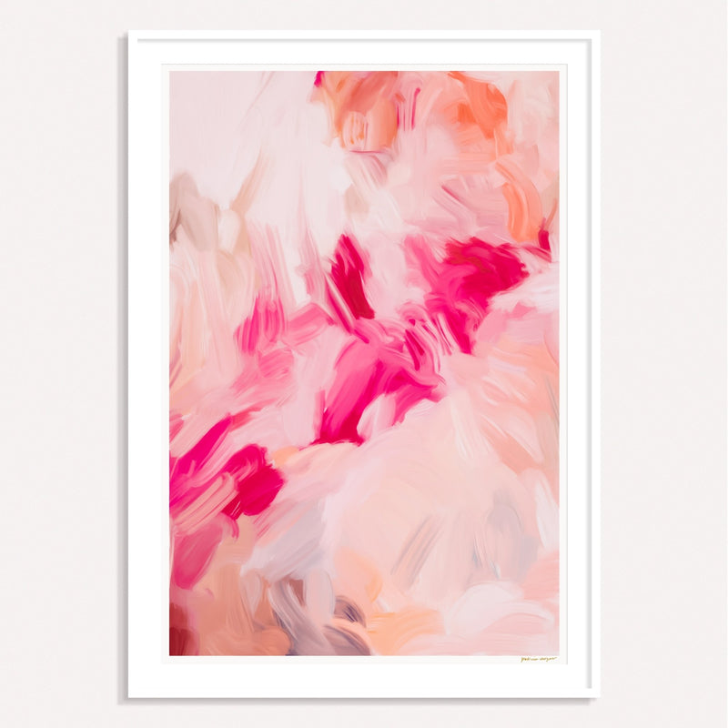 Florie, pink and orange framed vertical colorful abstract wall art print by Parima Studio