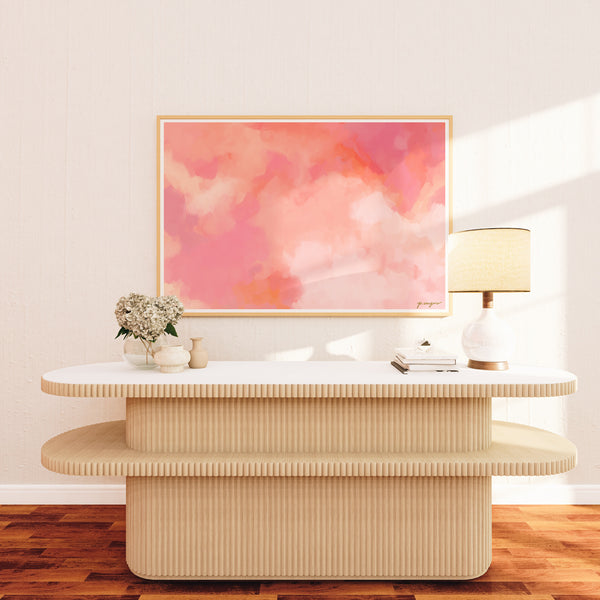 Forever Pink, pink and orange colorful abstract wall art print by Parima Studio. Art for over console in living room