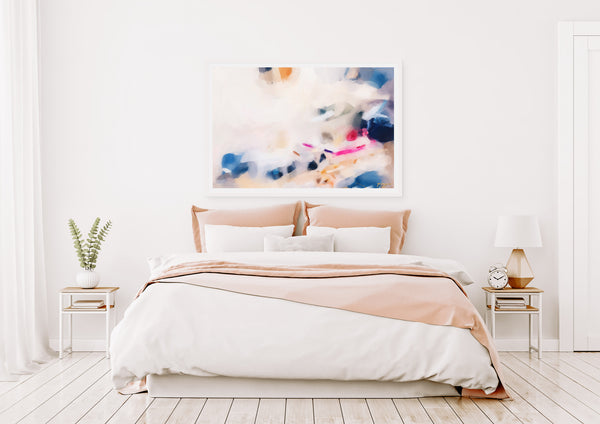 Gabrielle, pink and blue large abstract art print by Parima Studio - in bedroom. Art for over the bed.