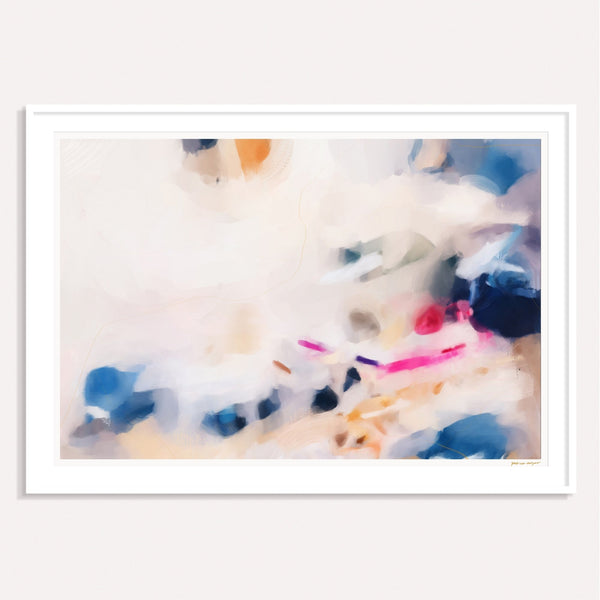 Gabrielle, pink and blue framed horizontal colorful abstract wall art print by Parima Studio
