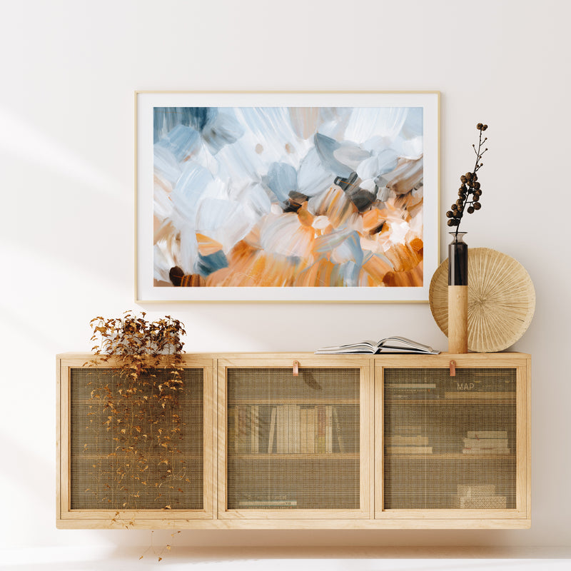 Grasslands, abstract art print by Parima Studio - entryway over credenza 