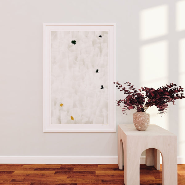 In Flight No.3, grey and yellow colorful abstract wall art print by Parima Studio. Large vertical art for living room