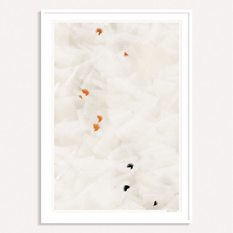 In Flight No.9, grey and orange framed vertical colorful abstract wall art print by Parima Studio