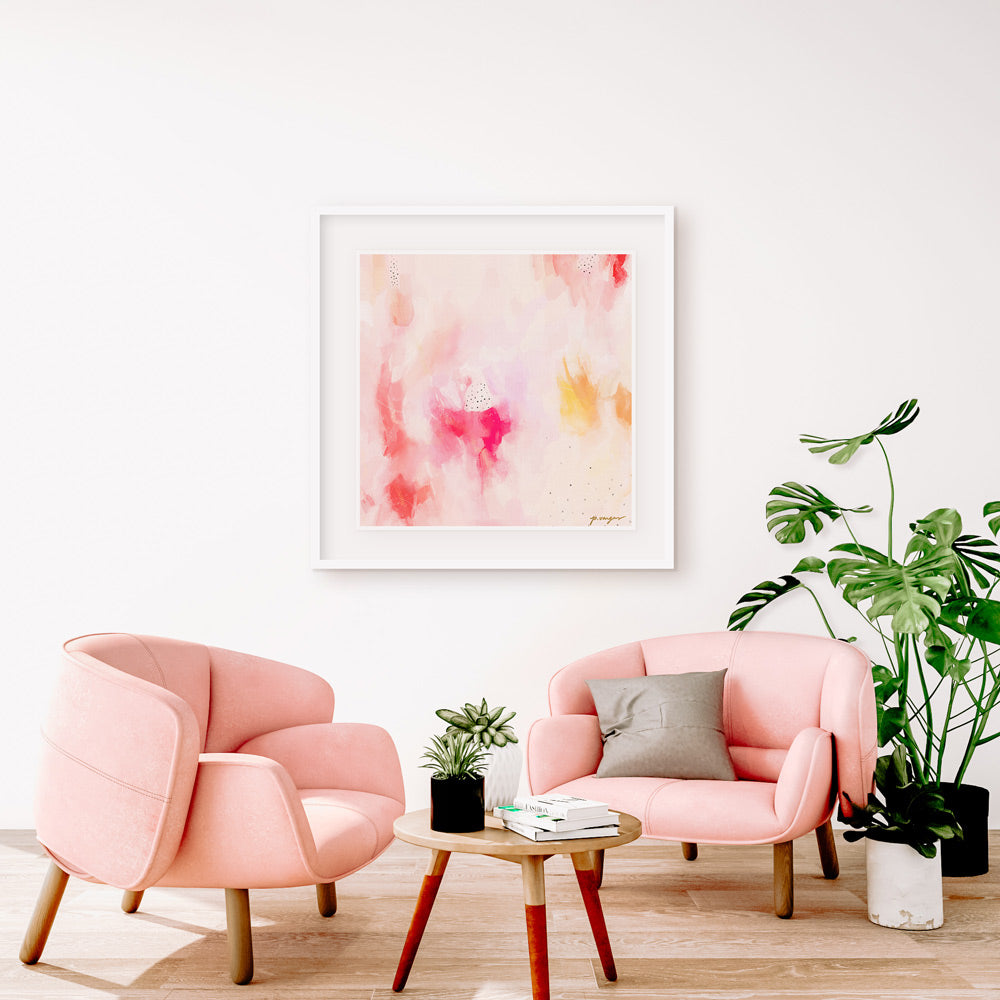 In Pink, large abstract art print by Parima Studio - Square wall art in living room