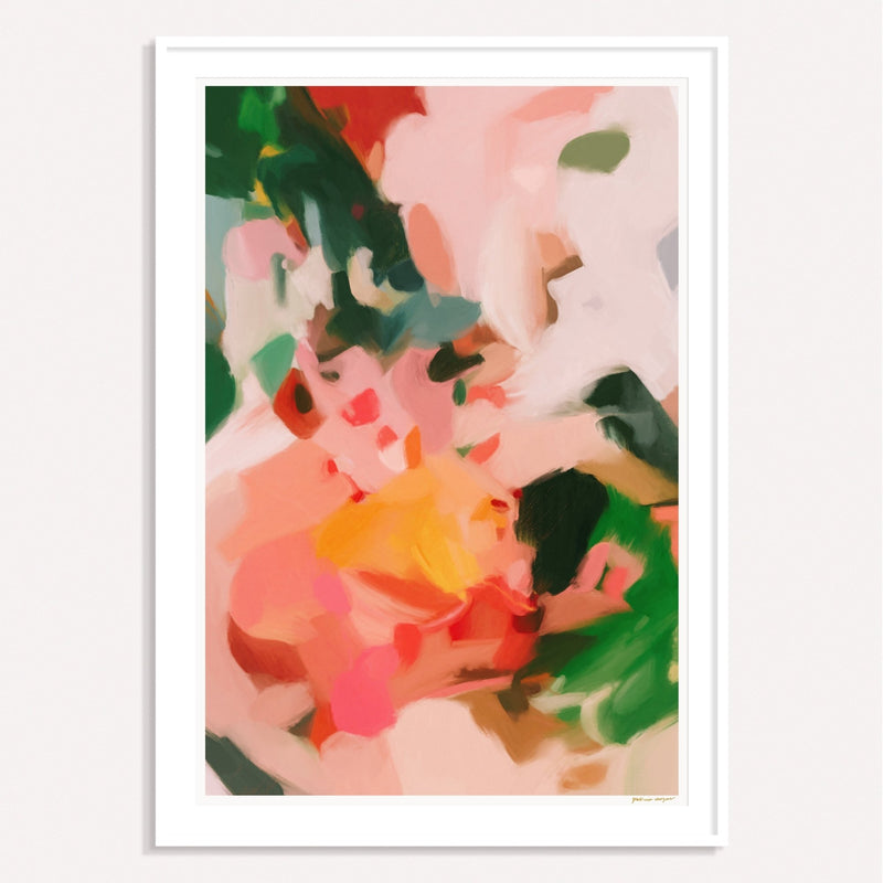Isla, pink and green framed vertical colorful abstract wall art print by Parima Studio