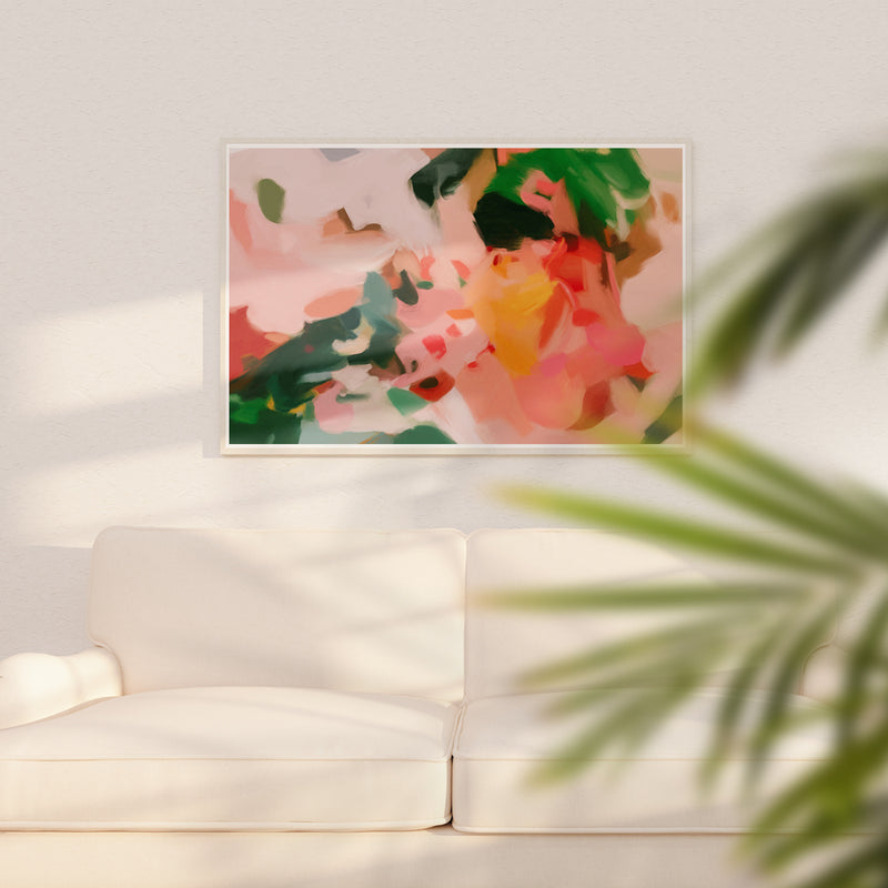 Isla, pink, yellow and green colorful abstract wall art print by Parima Studio. Art for over sofa in living room