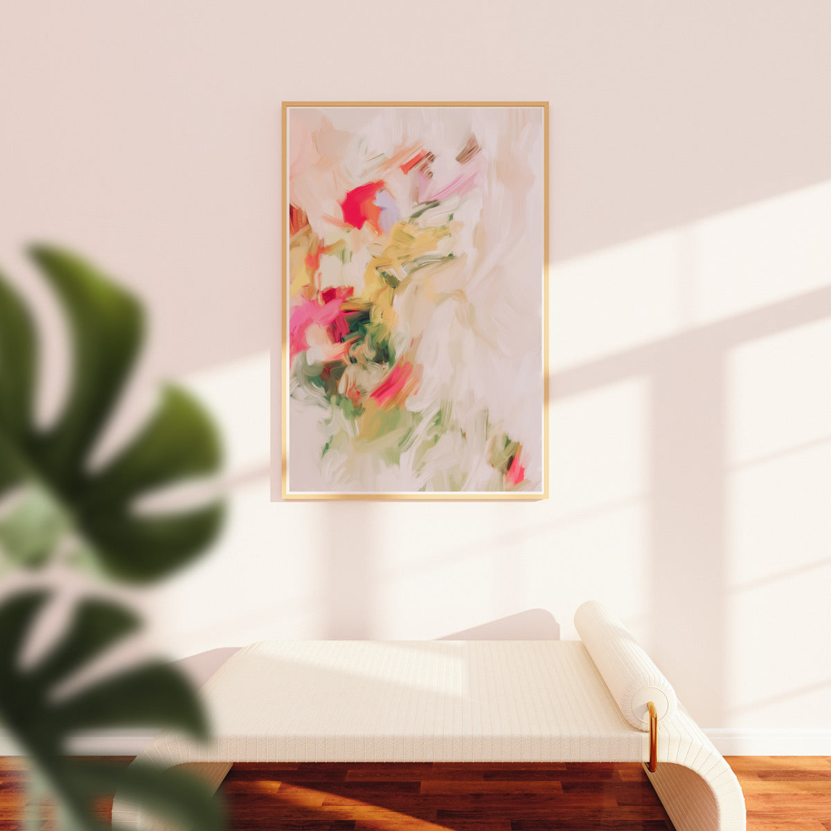 Jardin, pink and green colorful abstract wall art print by Parima Studio. Oversized art for over sofa in living room.