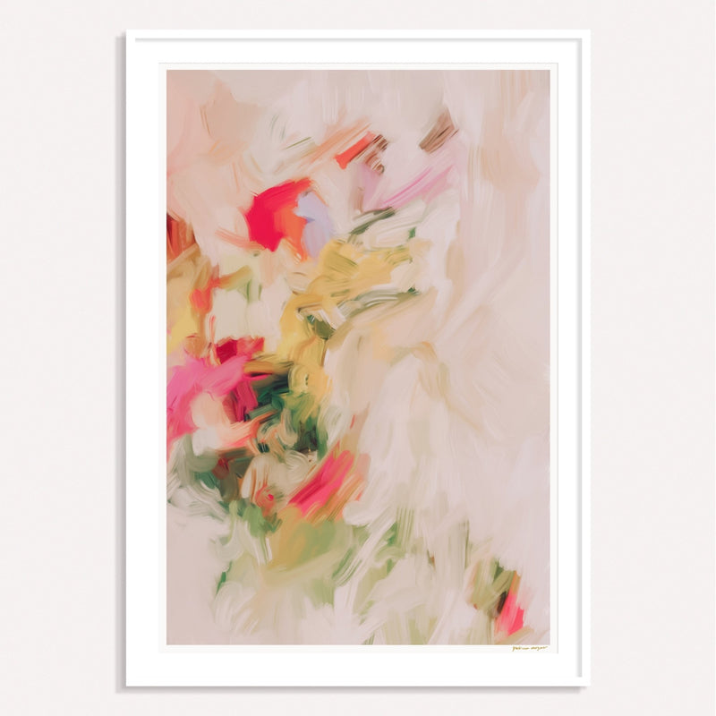 Jardin, pink and green framed vertical colorful abstract wall art print by Parima Studio