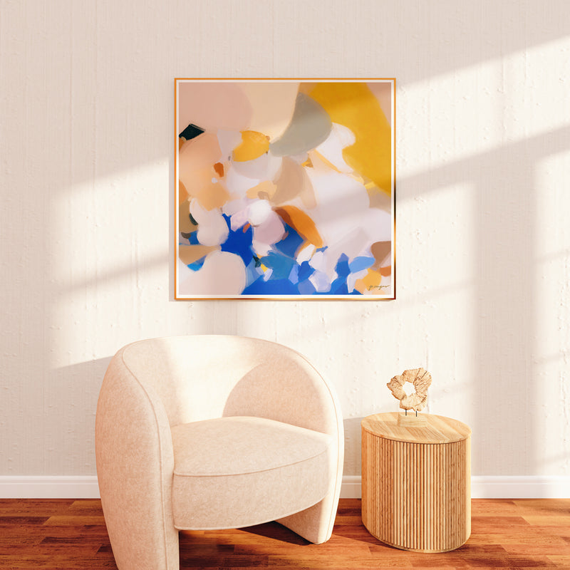 Joelle, yellow and blue colorful abstract wall art print by Parima Studio. Square art for living room.