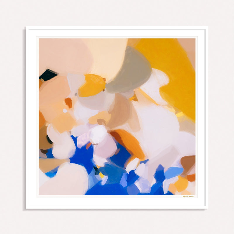 Joelle, yellow and blue framed square colorful abstract wall art print by Parima Studio