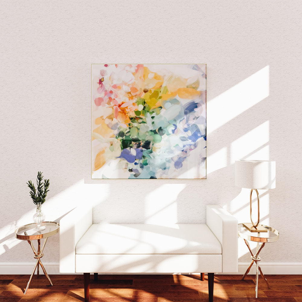 June, multicolor abstract wall art print - square art by Parima Studio - colorful rainbow in living room decor - art over the sofa
