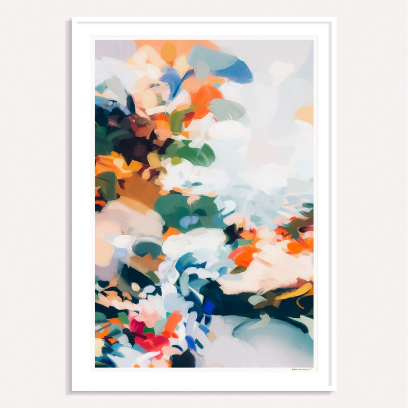 Juno, blue and green framed vertical colorful abstract wall art print by Parima Studio
