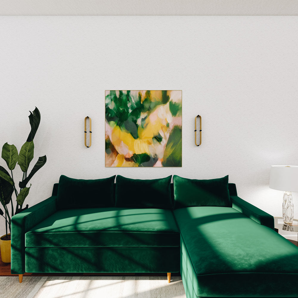 La Selva, green and yellow abstract art print by Parima Studio on vivid lucite - tropical decor in living room - art for over the sofa
