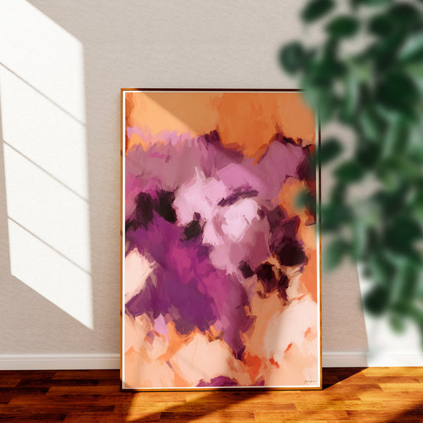 Lilac, purple and orange colorful abstract wall art print by Parima Studio. Art for living room.