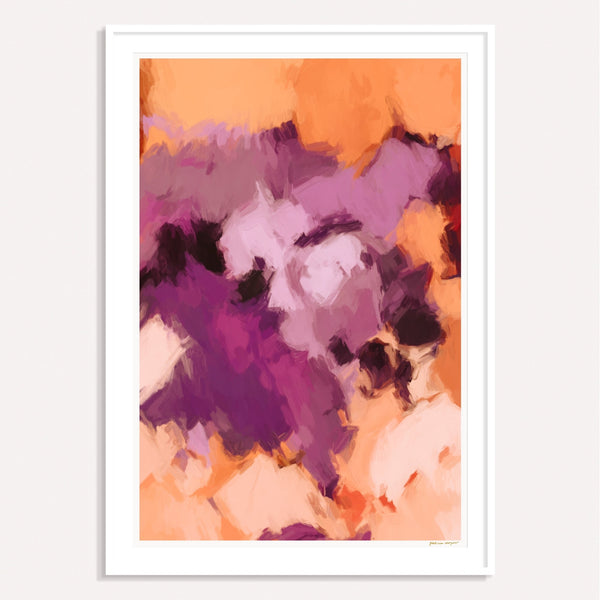 Lilac, purple and orange framed vertical colorful abstract wall art print by Parima Studio