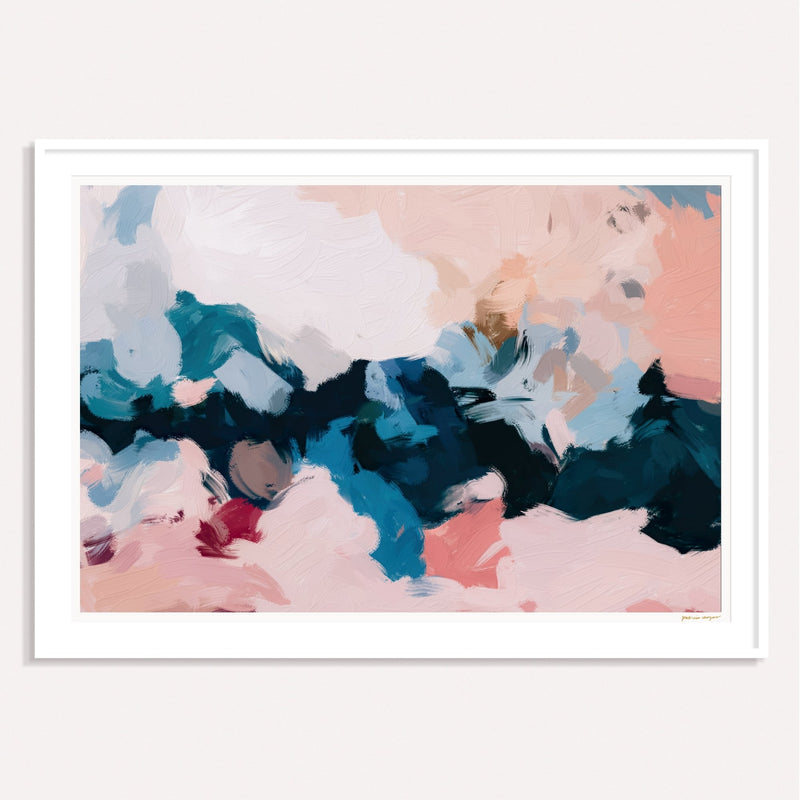 Lilium, pink and blue framed horizontal colorful abstract wall art print by Parima Studio