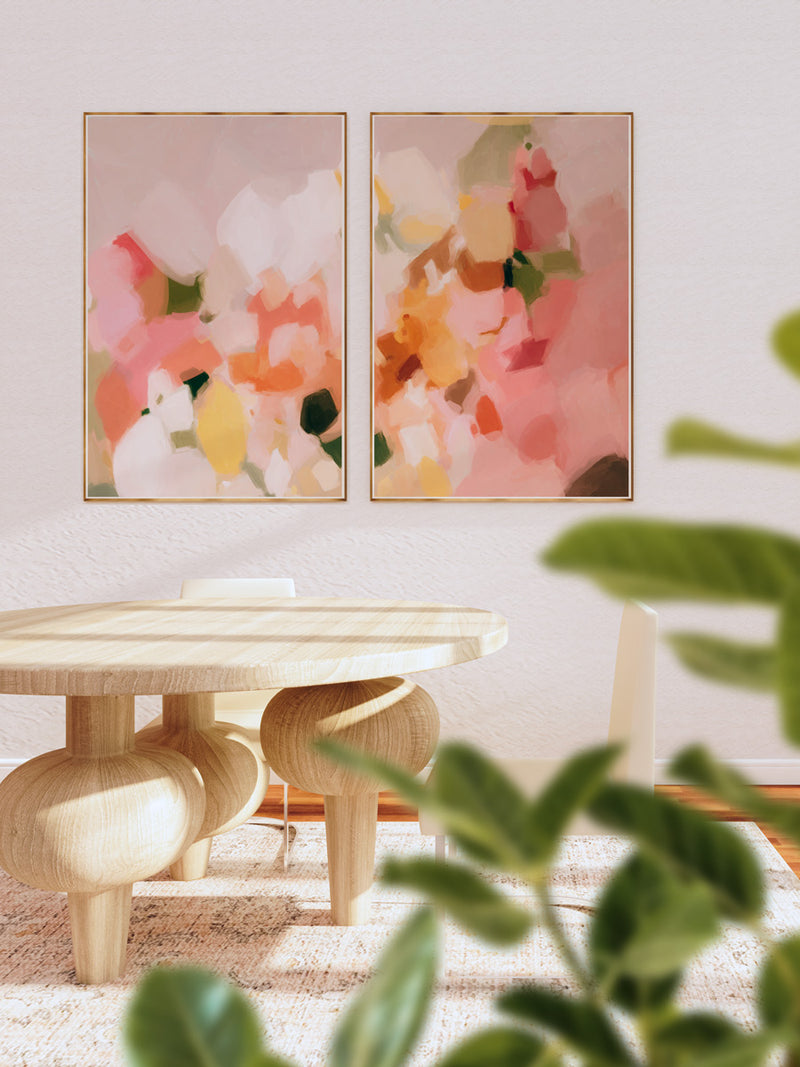Margurite, set of two art prints - pink and yellow abstract wall art by Parima Studio. Vertical set of two art for dining room.