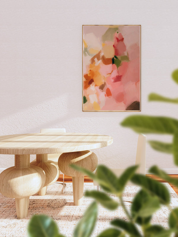 Marguerite II, pink and yellow colorful abstract wall art print by Parima Studio. Vertical art for dining room.