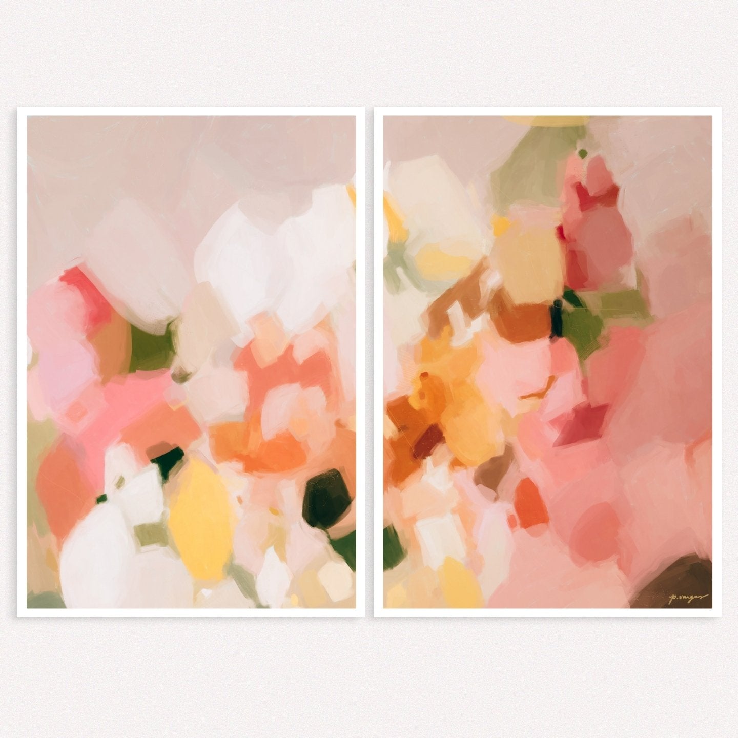 Margurite, set of two art prints - pink and yellow abstract wall art by Parima Studio