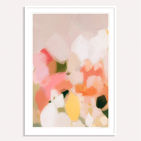 Marguerite I, pink and yellow, framed vertical colorful abstract wall art print by Parima Studio