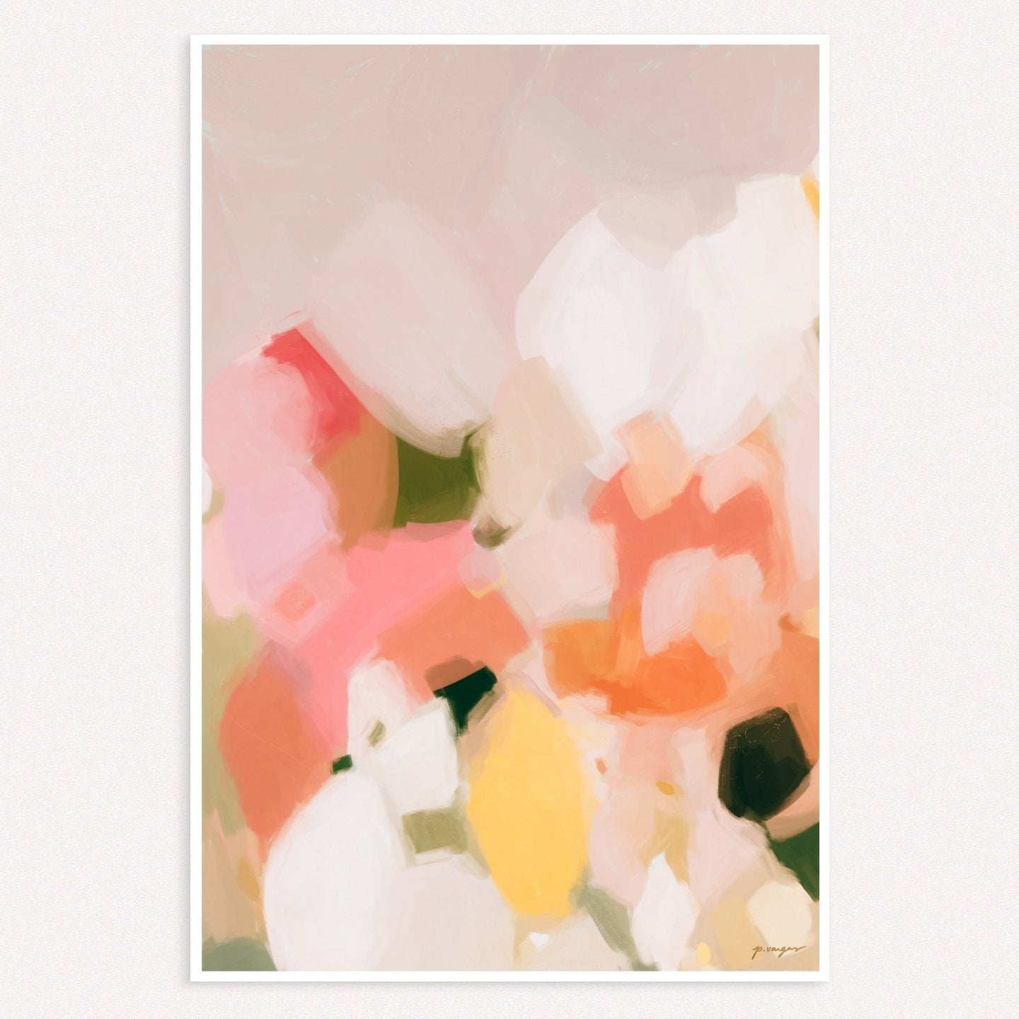 Marguerite I, pink and yellow colorful abstract wall art print by Parima Studio