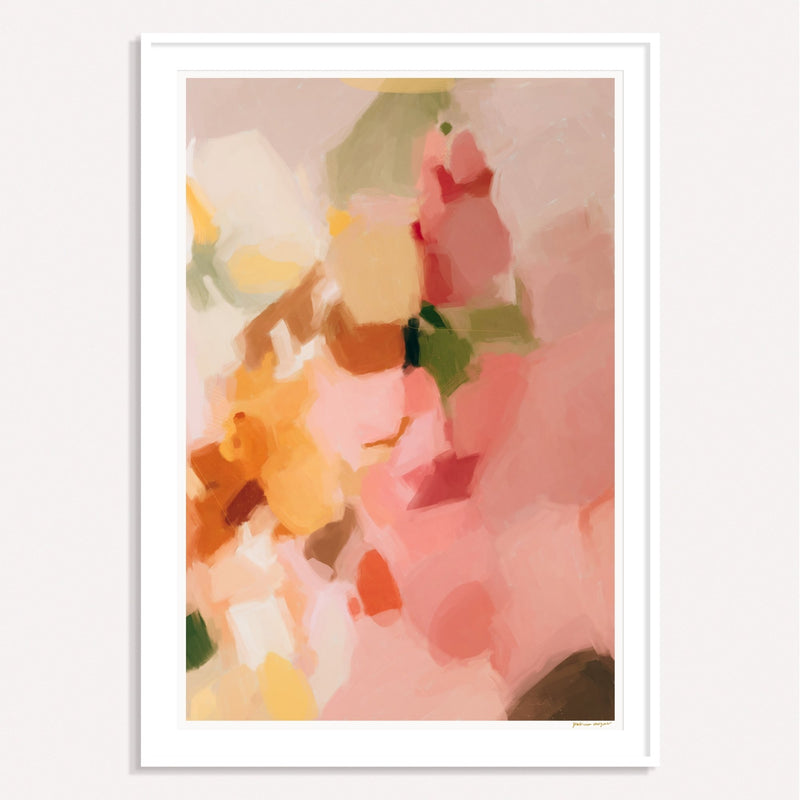 Marguerite II, pink and yellow framed vertical colorful abstract wall art print by Parima Studio