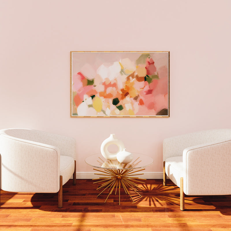 Marguerite, summer inspired abstract art print by Parima Studio. Pink, yellow, and orange abstract wall art in sitting room, living room.