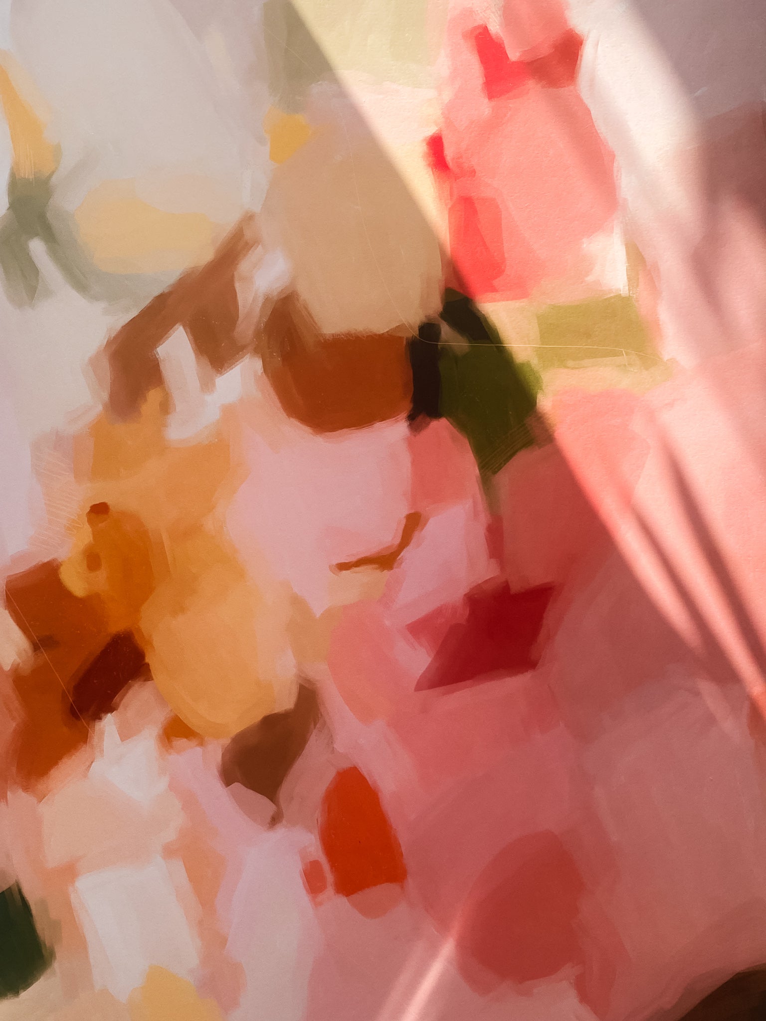 Close up detail of Marguerite a summer inspired abstract art print by Parima Studio. Pink, yellow, and orange abstract wall art.