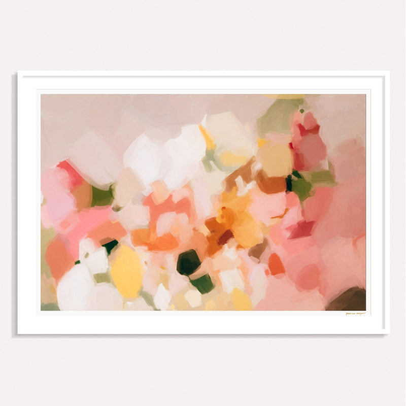 Marguerite, pink and yellow framed horizontal colorful abstract wall art print by Parima Studio