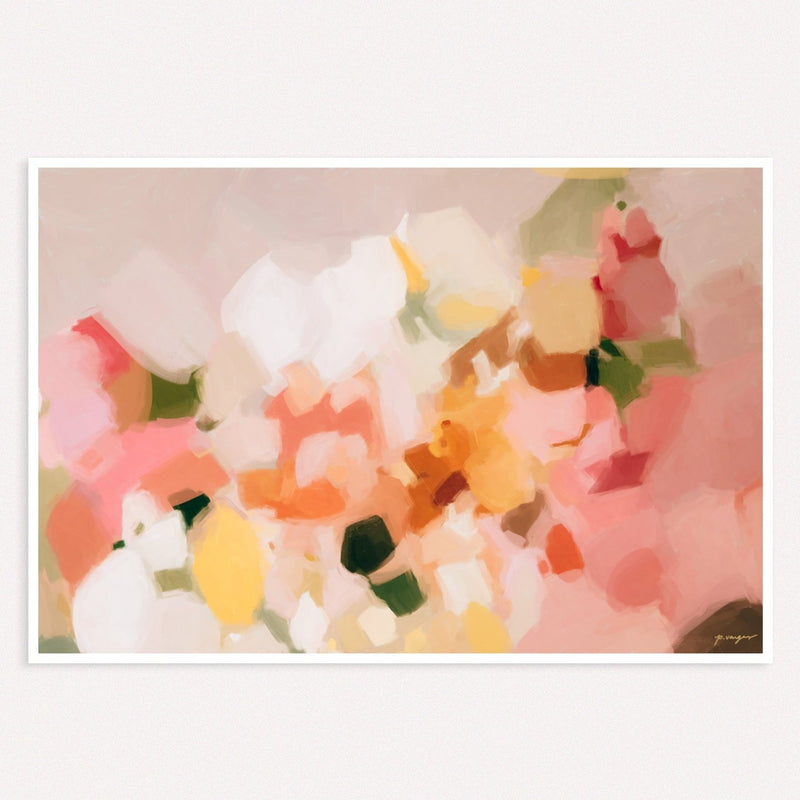 Marguerite, pink, yellow and green colorful abstract wall art print by Parima Studio