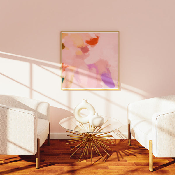 Maureen, pastel abstract art print by Parima Studio. Pink, purple and red abstract wall art in sitting room, living room, bedroom.