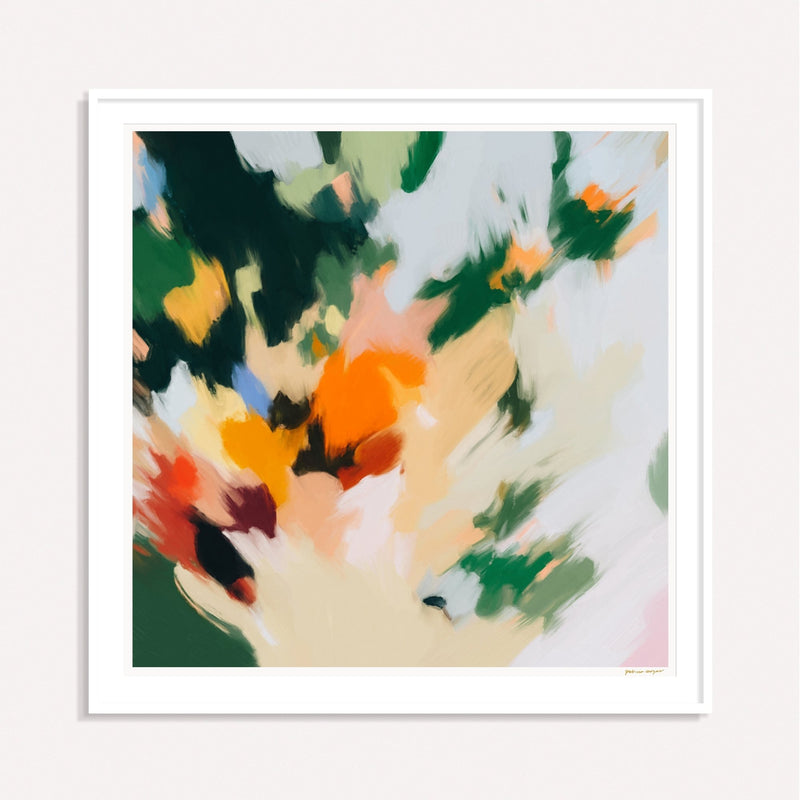 May, green and orange framed square colorful abstract wall art print by Parima Studio