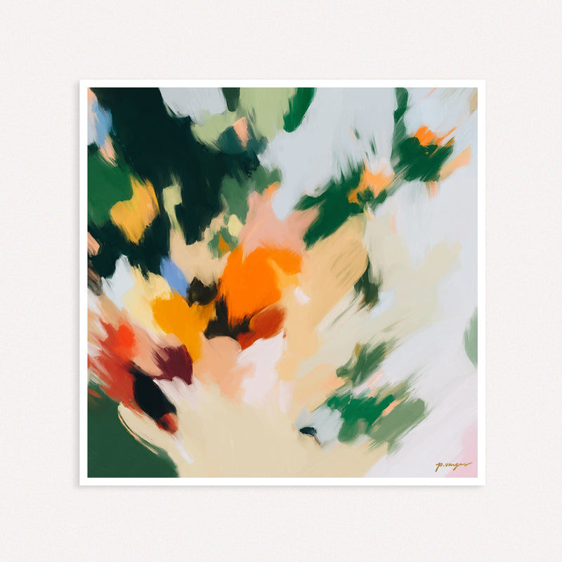 May, green and orange colorful abstract wall art print by Parima Studio