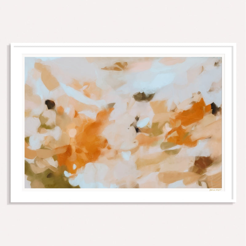 Meadow, orange and green framed horizontal colorful abstract wall art print by Parima Studio